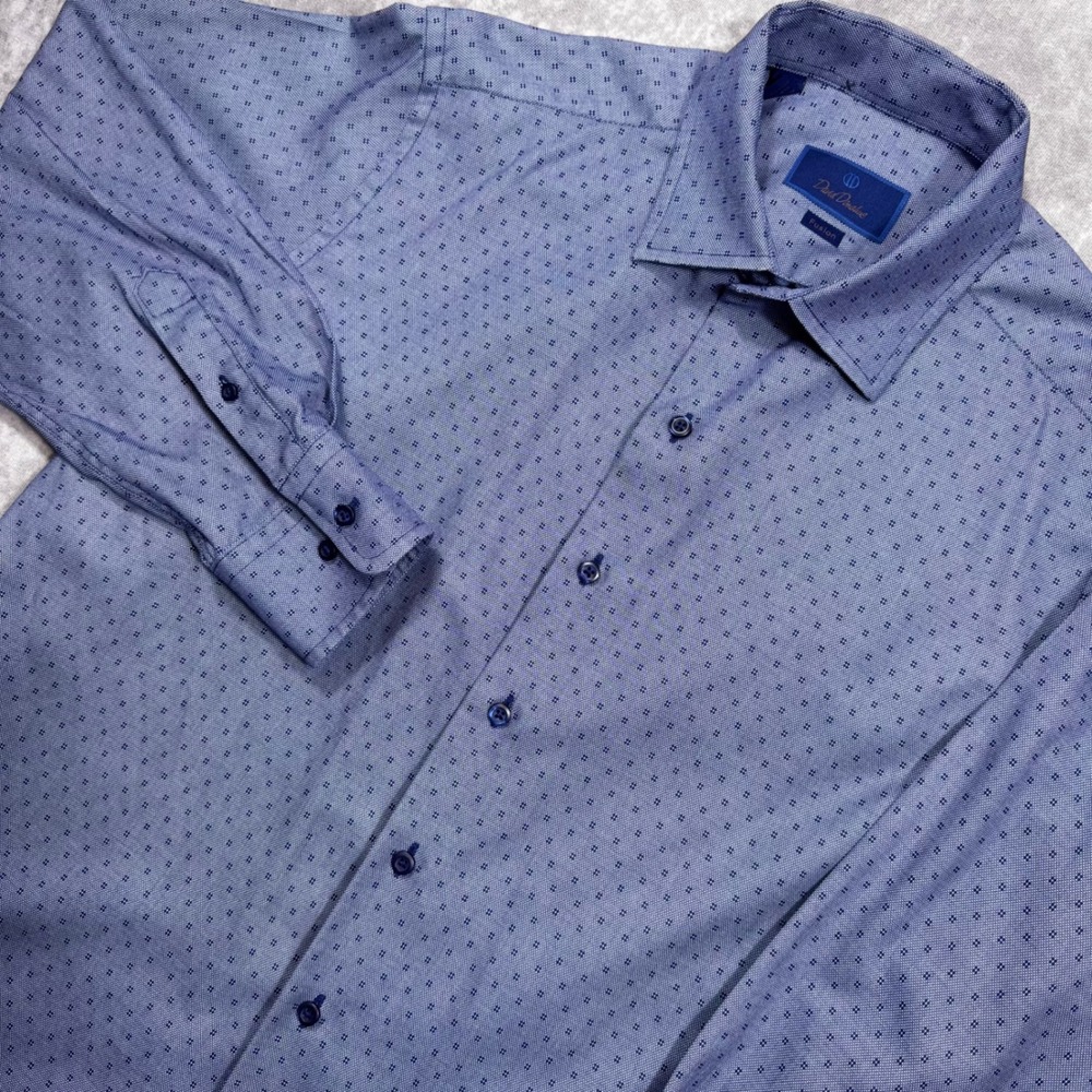 David Donahue Fusion Blue Geometric Cotton Dress Shirt Mens 16.5 L Long Sleeve